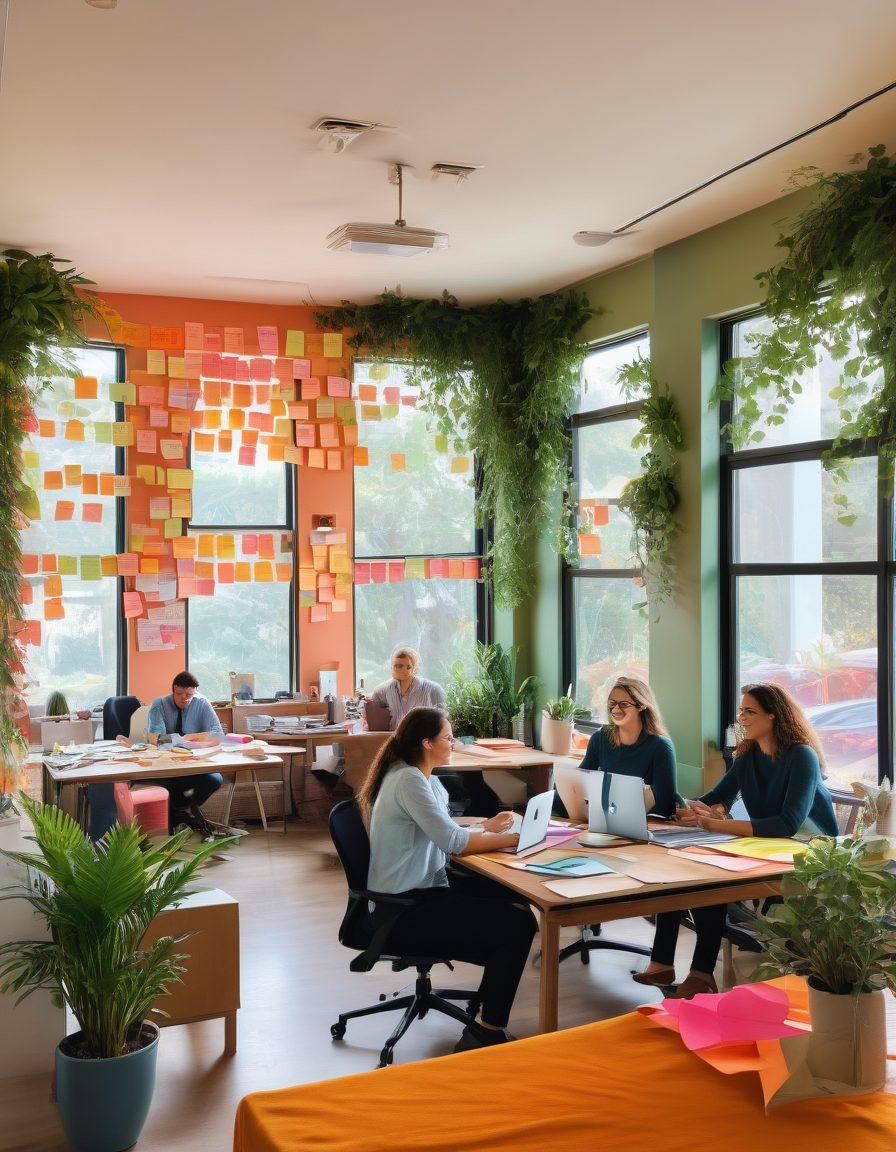 A lively scene depicting a diverse group of consultants joyfully collaborating in a bright, modern office filled with greenery and inspirational quotes. They are exchanging ideas and smiling, with open laptops and colorful sticky notes on the table. Natural light floods the room, creating a warm and inviting atmosphere that symbolizes positivity and transformation. super-realistic. vibrant colors. bright interior.