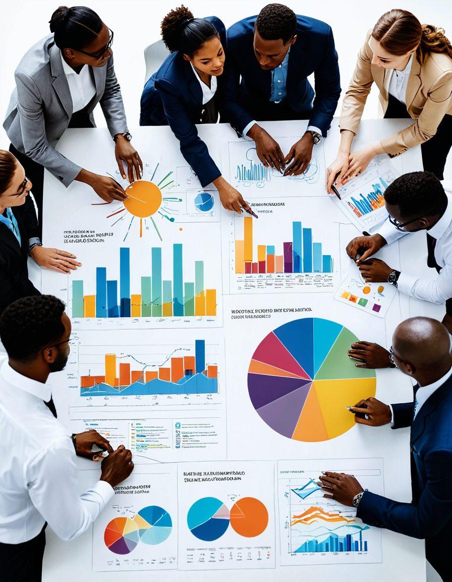 A dynamic collage showcasing diverse professionals engaged in strategic discussions, brainstorming with charts and graphs in a modern office environment. Include visual metaphors like gears and light bulbs to represent innovation and transformation. The background should feature a futuristic city skyline to symbolize thriving organizations. super-realistic. vibrant colors. white background.