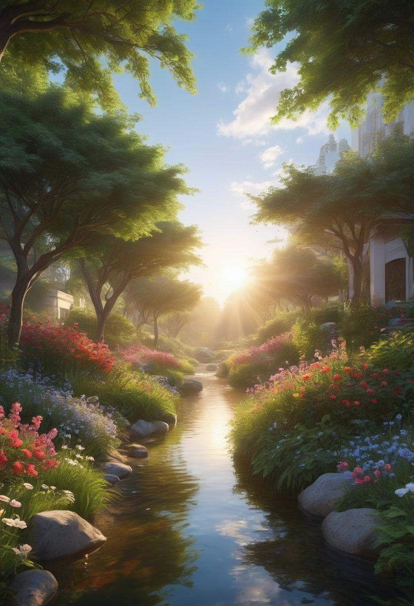 A serene landscape transitioning from a tranquil space filled with individuals meditating and reflecting, to a bustling city scene showcasing success and achievement. Vibrant colors fill the transition, illustrating the journey from contentment to professional triumph. Elements of positive advisory services like people in discussions and growth symbols, such as upward arrows and blooming flowers, are subtly integrated. The sky shifts from dawn to bright daylight, symbolizing hope and progress. super-realistic. vibrant colors. 3D.